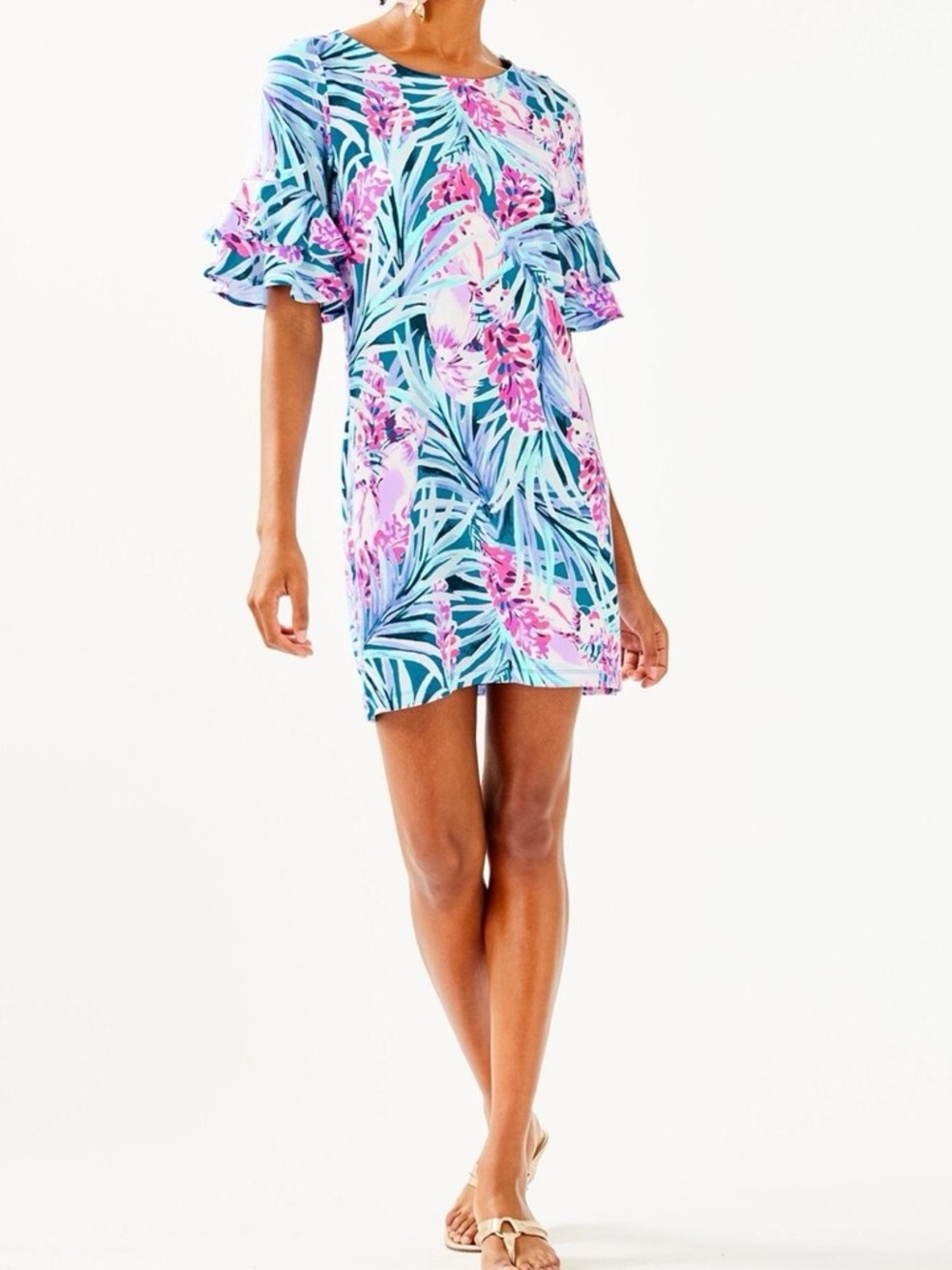 Lilly Pulitzer Blue & Pink Tropical Print Ruffle Sleeve Shift Dress
